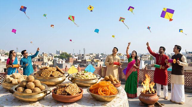 Colorful Indian Makar Sankranti celebration featuring flying kites in sky with traditional sesame sweets delicious tilgul laddu and festive harvest decorations for seasonal hindu holiday.