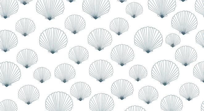 Elegant seamless pattern of blue hand drawn scallop seashells arranged in a repetitive design on a white background.