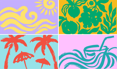 Vibrant summer scene with stylized waves, sun, fruit, and palm trees © Annamorphosis
