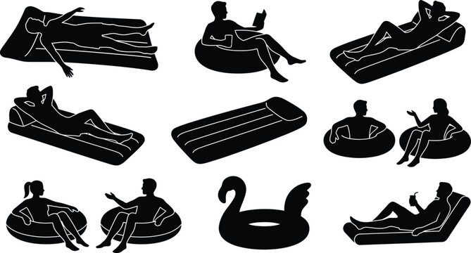 People relaxing on various inflatable floats isolated on white background, Vector