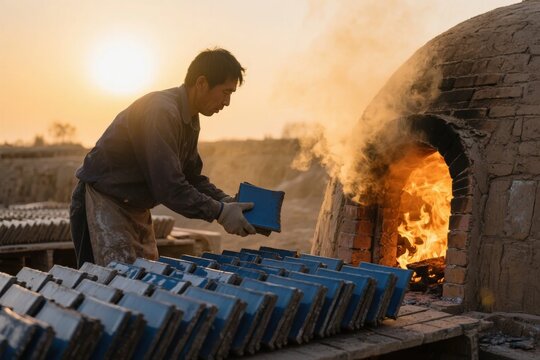 A worker places blue bricks into a traditional kiln during sunset, with flames and smoke rising from the oven.