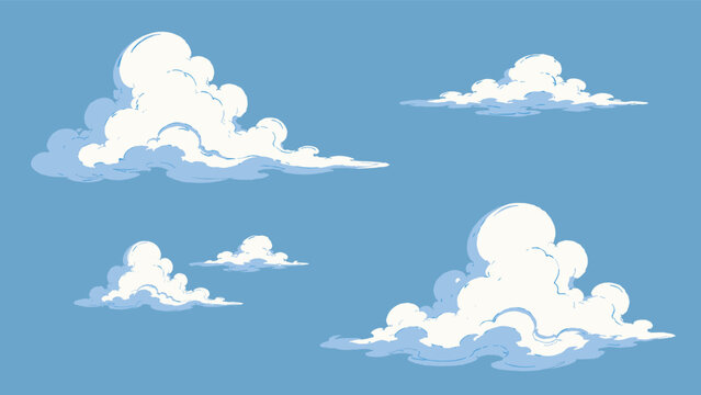 Editable vector set dreamy fluffy clouds on blue background, soft cumulus cloud collection pack bundle sheet