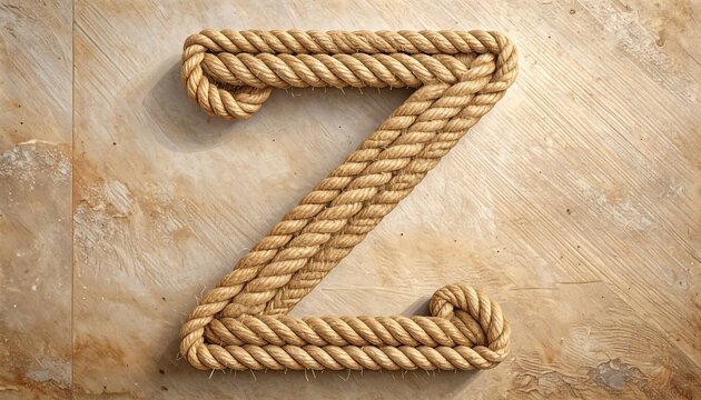 Rope-formed letter "Z" on aged, diagonally textured tile surface, casts a soft shadow, creating textured, nautical feel