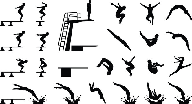 Diving and gymnastics silhouette icons set isolated on white background, Vector