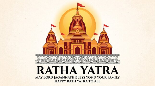 Ratha Yatra festival vector banner with Jagannath Temple sketch sun background and traditional decorative wheel patterns and blessings