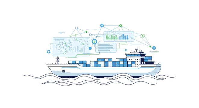 A modern container ship travels on simplified linear water patterns featuring an overlaid intricate network of connected nodes and digital business analytical information charts.