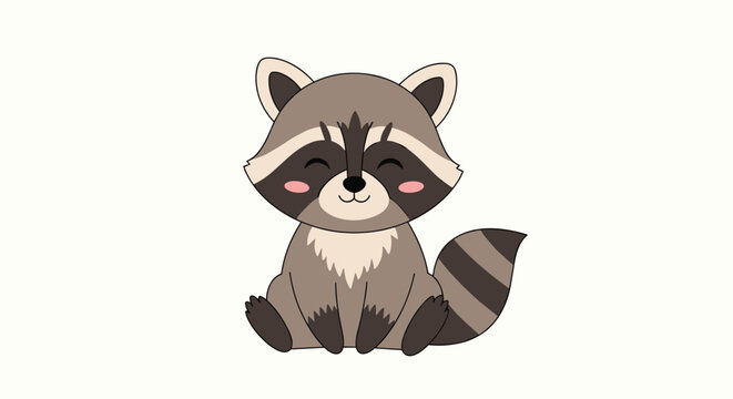 Adorable cartoon illustration of a grey raccoon sitting and smiling with pink cheeks on a light background.