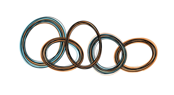 Artistic sketch of five overlapping oval frames in shades of blue and orange on a white background.