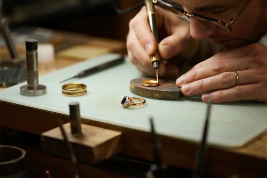 Jeweler working on a gold ring using precision tools in a workshop