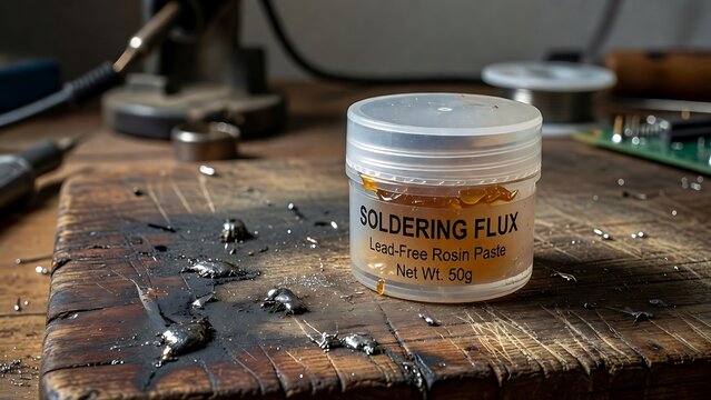 Close up of a small plastic pot of lead-free rosin soldering flux on a rustic wooden workbench with solder