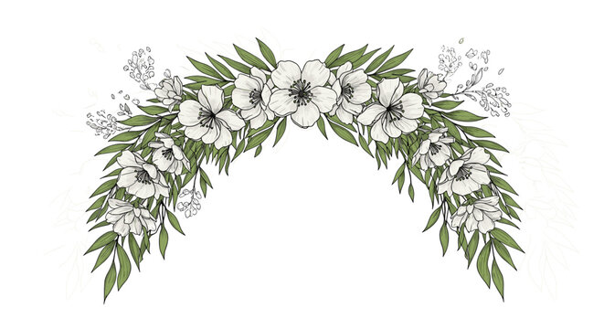 Elegant arch shaped floral arrangement featuring delicate white anemone flowers and lush green leaves in a sketch style.