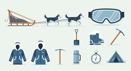 Winter Expedition Gear: Sled Dogs, Parkas, Boots, and Camping Equipment © gundul