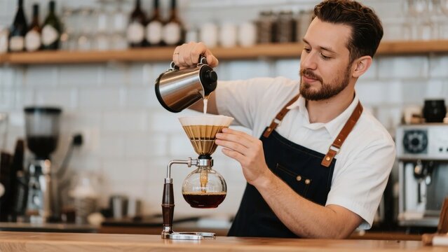 Barista pouring hot water over coffee grounds using a pour-over method in a modern caf�� setting
