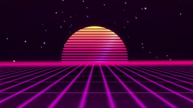 Retro 80s style neon grid and sunset animation.
