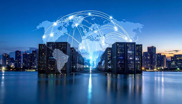 Servers in water, superimposed with a world map and connecting lines against a skyline at dusk