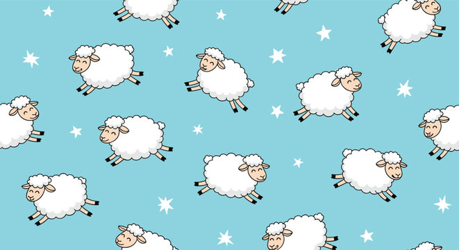Sweet dreams seamless pattern with cute fluffy white sheep jumping among white stars on a soft blue background.
