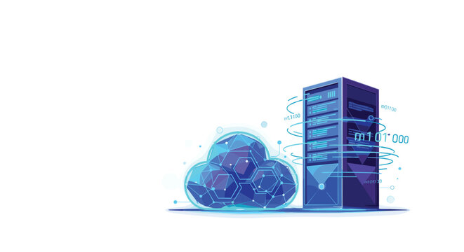 A high-tech server tower emits holographic data rings next to a glowing geometric cloud icon with intricate blue lines on a minimalist white background.