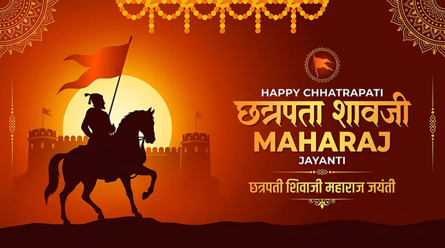 Chhatrapati Shivaji Maharaj Jayanti Celebration Banner Design Featuring Maratha King Silhouette Warrior Portrait Saffron Flag Background Vector Illustration Poster for Indian Historical Festival