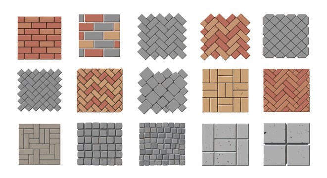 Intricate brickwork and interlocking paver arrangements are displayed in a grid format with varied geometric patterns for flooring and exterior surface planning.
