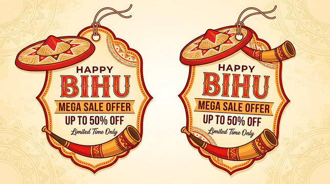 Happy Bihu Sale Discount Tag for Retail Marketing Promotion Featuring Traditional Assamese Japi and Pepa Musical Instrument Icons for Festive Mega Offer Banner Header Vector Graphic Illustration