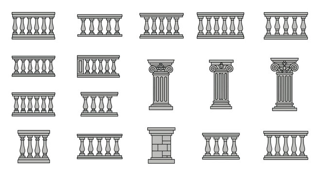 Architectural balusters and classical decorative columns are displayed in a clean grid layout on a white background with neutral gray tones and precise vector illustration.
