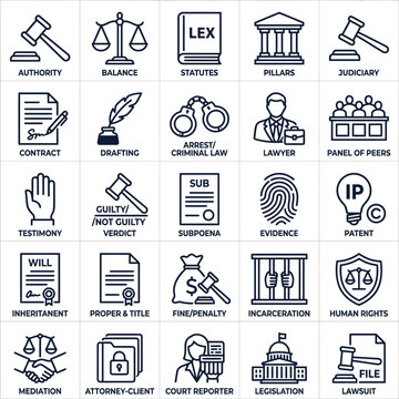 Law and Justice Symbols Icons Set.