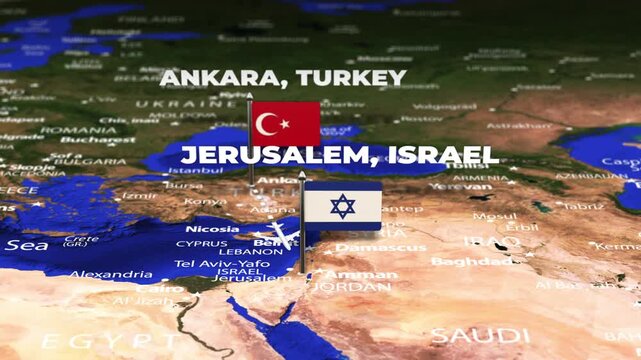 Flight From Ankara TURKEY to Jerusalem Israel with flag pins