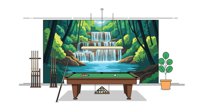 A minimalist billiard sports room interior displays a pool table under a hanging light fixture with two side cue racks and a potted houseplant arrangement.