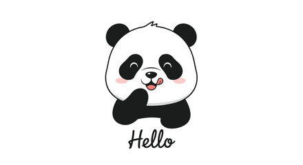 Fototapeta premium Cute panda face licking its lip with a playful expression and the word hello written below it, creating a friendly and fun character.