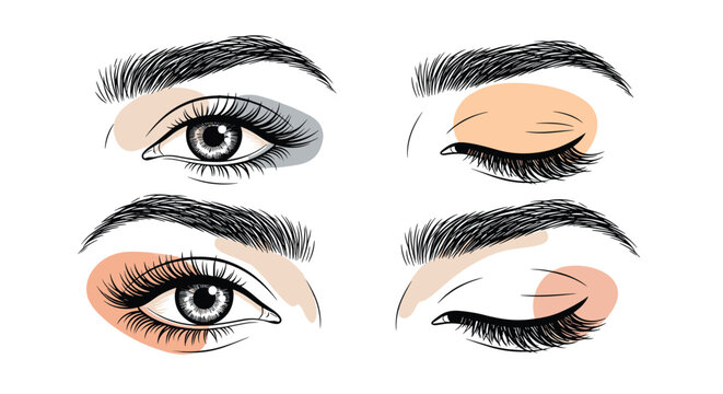 Detailed sketches of human eyes with various eyeshadow colors and long lashes, highlighting different makeup looks and expressions.