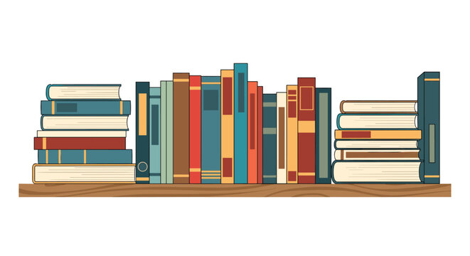 Collection of colorful books of various sizes and colors arranged neatly on a wooden shelf in a classic library setting.