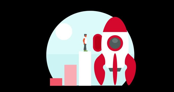 Animation of rocket launch with rising chart bars symbolizing startup growth, business success, innovation and financial progress. Modern loop concept.