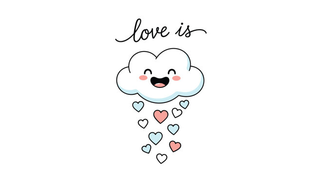 Sweet illustration of a happy smiling cloud character raining colorful hearts under the handwritten text saying love is.
