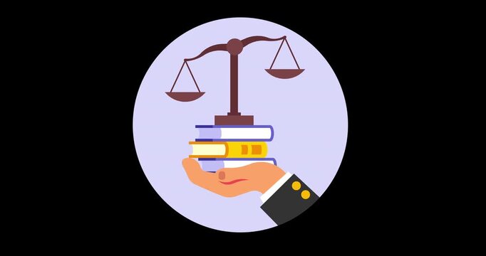 Animated illustration of hand holding law books with justice scale on top. Perfect for legal services, education, lawyer videos, and court presentations.