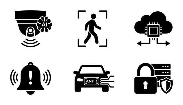 AI Security Camera, Person Detection, Cloud Computing, Alert Bell, ANPR Car System, Data Security Icons. Modern Technology Vector Set.