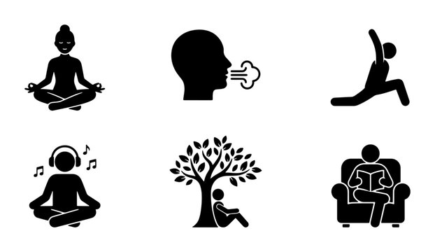 Mindfulness Icons Set: Meditation, Yoga, Breathing, Relaxation, Reading, Music, Serenity, Calmness, Wellness, Lifestyle Vector Graphics