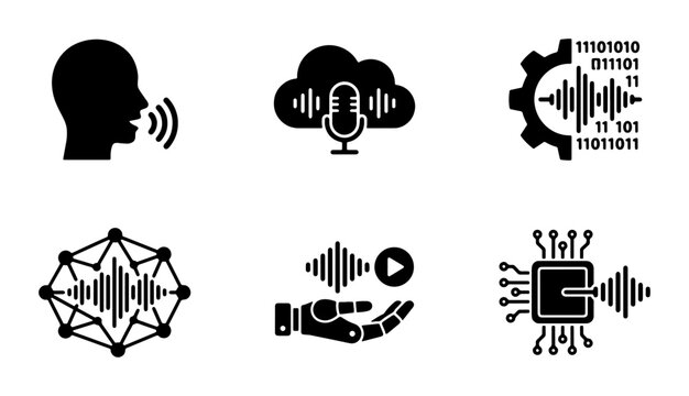 Speech Recognition Technology Icons, Voice Command and Audio Waveform Symbols, AI and Digital Sound Processing Graphics
