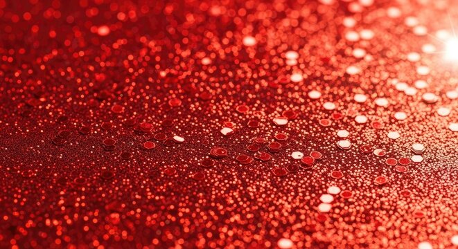 Sparkling red glitter background with festive bokeh and light flare