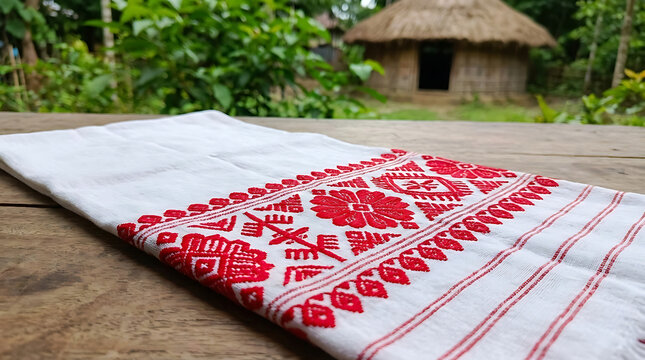 Traditional Assamese Gamosa textile featuring intricate red floral embroidery on handwoven white fabric. Significant cultural symbol and heritage craft from Northeast India artisan weaving.