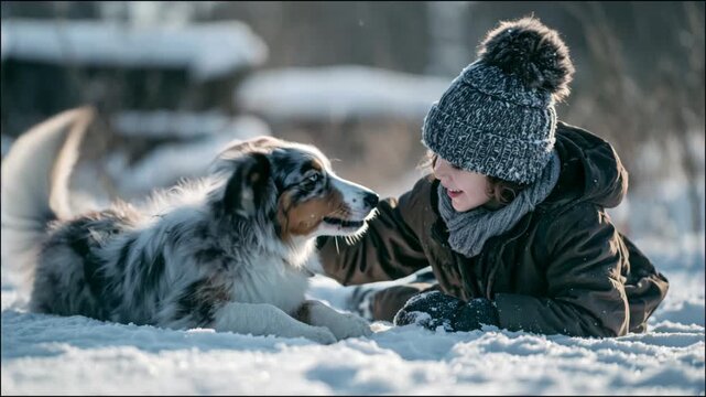 Cheerful kid having fun and caressing his best friend, a beautiful blue merle dog