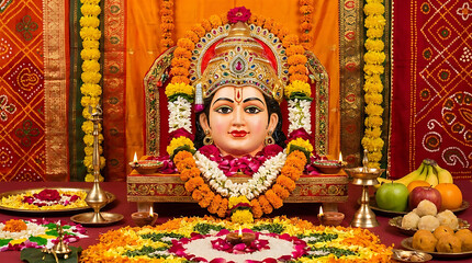 Fototapeta premium Vibrant Hindu Celebration Background for Happy Ram Navami Festival Featuring Traditional Sacred Ornaments Spiritual Religious Devotion Cultural Heritage and Decorative Artistic Elements