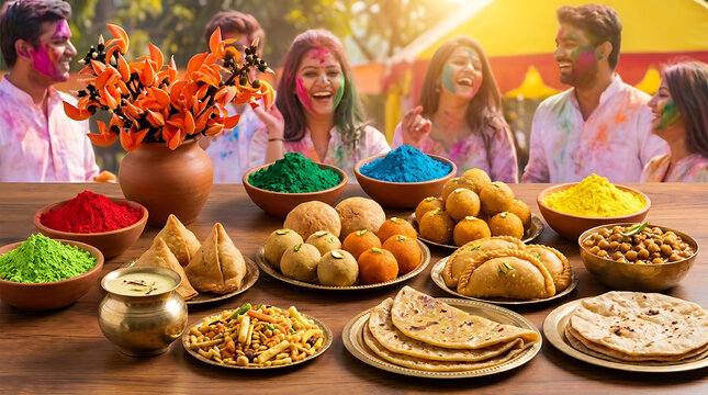 Traditional Indian Holi festival culinary assortment featuring snack items like samosa, gujiya, kachori, and laddu served with thandai, puran poli, vibrant gulal pigments, and palash flowers.