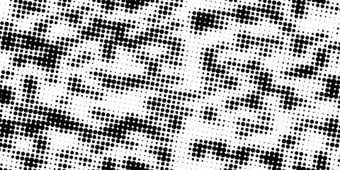Fototapeta premium Grunge halftone gradient background. Faded grit noise texture. White and black sand wallpaper. Retro pixelated backdrop. Anime or manga style comic overlay. Vector graphic design textured template
