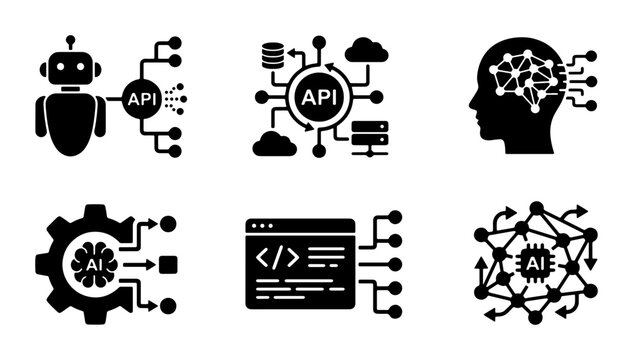 AI and API Integration Icons, Set of 6 Vector Graphics for Technology and Development Concepts