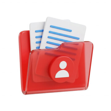 3d render of a red folder icon containing documents with a user profile symbol on the front, isolated on transparent background