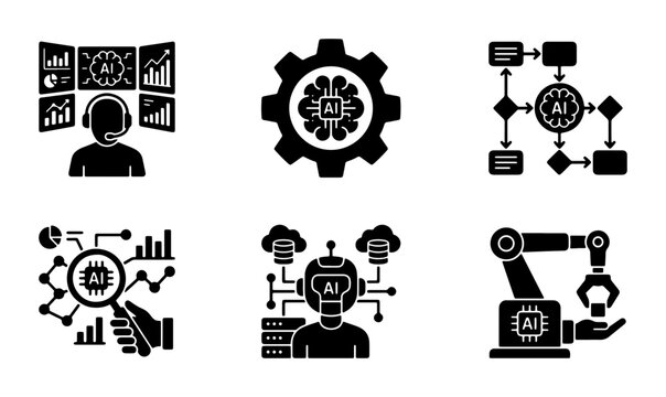 AI Technology Icons Set, Artificial Intelligence Machine Learning Data Analysis Automation Concepts, Vector Graphics for Digital Innovation and Future Tech