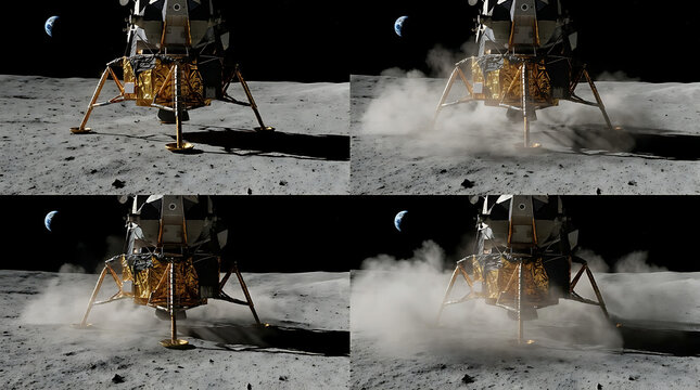 Cinematic space vehicle module making precise contact with the gray cratered lunar surface, mechanical landing gear touching moon regolith and kicking up a dense cosmic dust cloud in space.