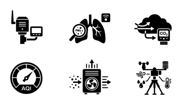 Air Quality Monitoring Icons, Environmental Sensor Set, AQI Meter, Lung Health Data, Smart Technology Collection, Vector Graphics