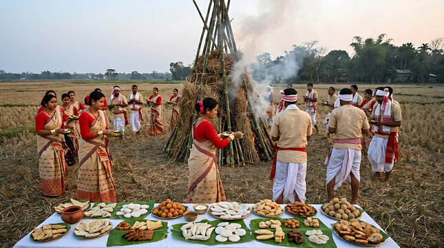 Vibrant Magh Bihu Festival Celebration in Rural Assam India Featuring Authentic Harvest Pitha Cuisine and Cultural Folk Heritage Rituals During Winter Seasonal Local Community Ethnic Festivity