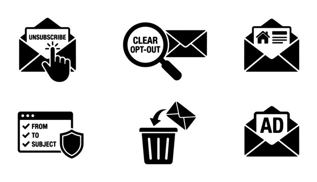 Email Marketing Icons Set: Unsubscribe, Opt-Out, Property Lead, Security, Delete, Advertisement, Vector Graphics for Digital Communication